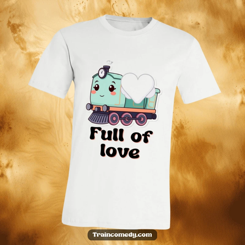 Cute smiling train character releasing a heart-shaped cloud, printed on a t-shirt.
