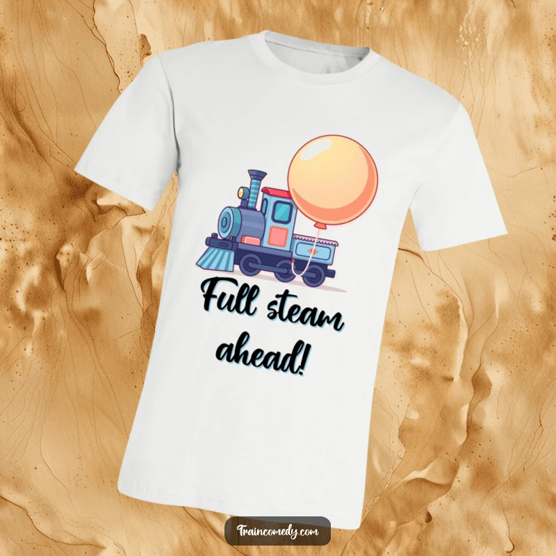 Funny train engine with a large, bouncing balloon tied to its front, printed on a t-shirt.