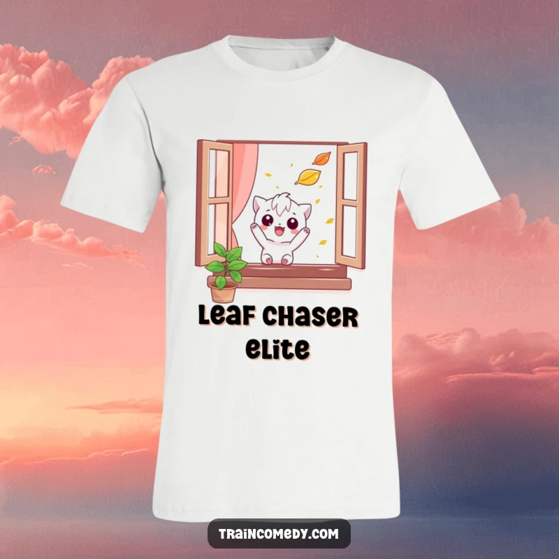 Funny t-shirt depicting a mischievous character comically trying to catch a falling leaf from a window, suggesting playful autumn antics.