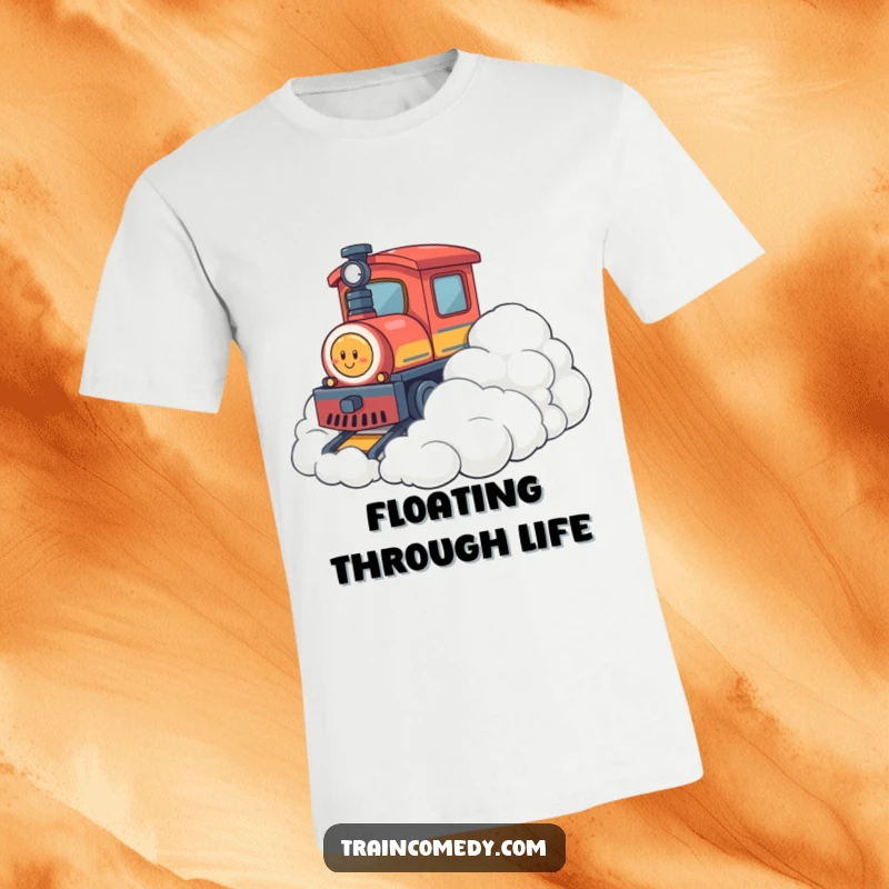 Funny t-shirt featuring a train character gently colliding with a soft, fluffy cloud formation, evoking a feeling of playful escapism and joy.