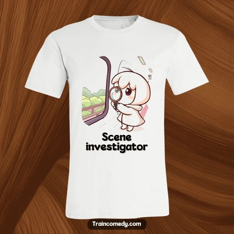 Funny t-shirt featuring a curious character using a magnifying glass on a train window, exploring the world passing by.