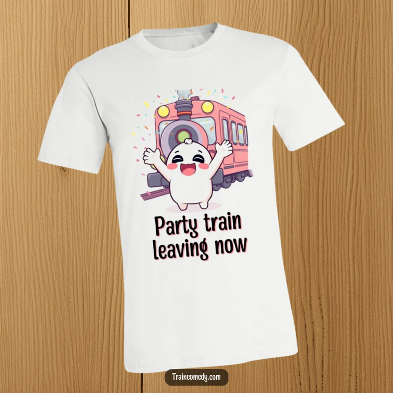 Funny t-shirt featuring a joyful character with arms up, confetti raining from a train whistle, expressing pure, unadulterated excitement.