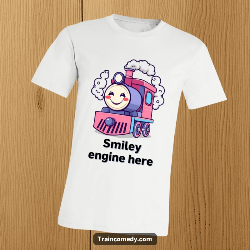 Funny t-shirt featuring a happy train engine character blowing smoke rings shaped like cheerful smiley faces, spreading humor and happiness.
