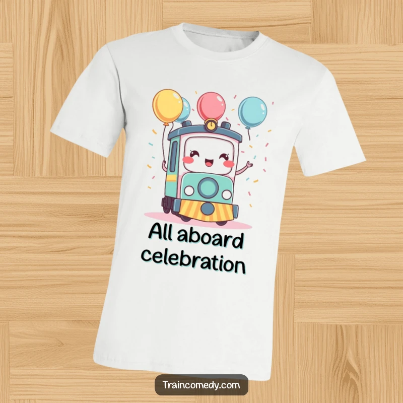 Funny kawaii train character having a blast with confetti and balloons, making this t-shirt a vibrant and humorous party statement.