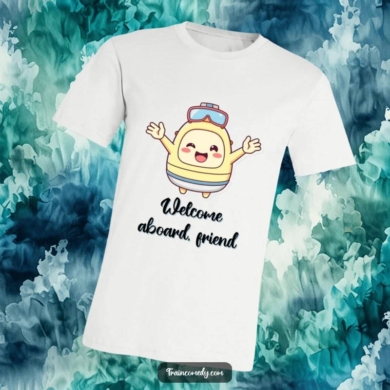 Funny T-Shirt: Happy Kawaii character with arms wide, enthusiastically welcoming everyone aboard, a friendly funny gift.