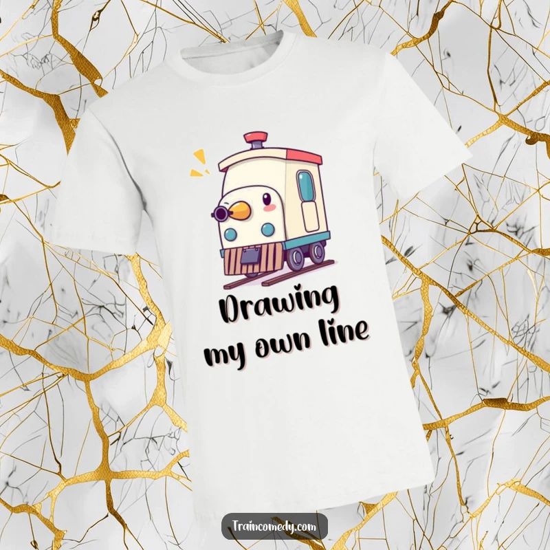 Funny t-shirt with a whimsical pencil character imitating a train whistle, embodying creative and humorous fun.