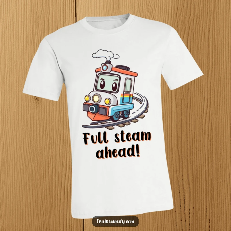 Funny kawaii train character determinedly speeding around a bend, perfect for a high-energy, humorous tee.