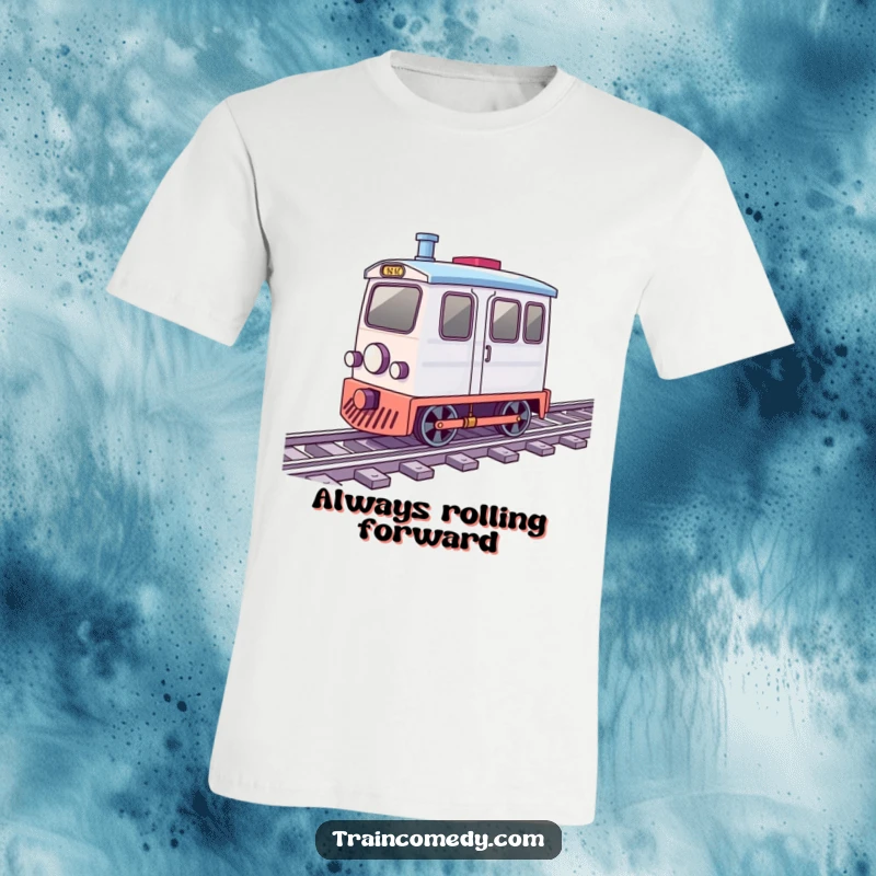 Funny T-shirt showcasing a small train car with wheels depicted as spinning rapidly along railroad tracks with joy.