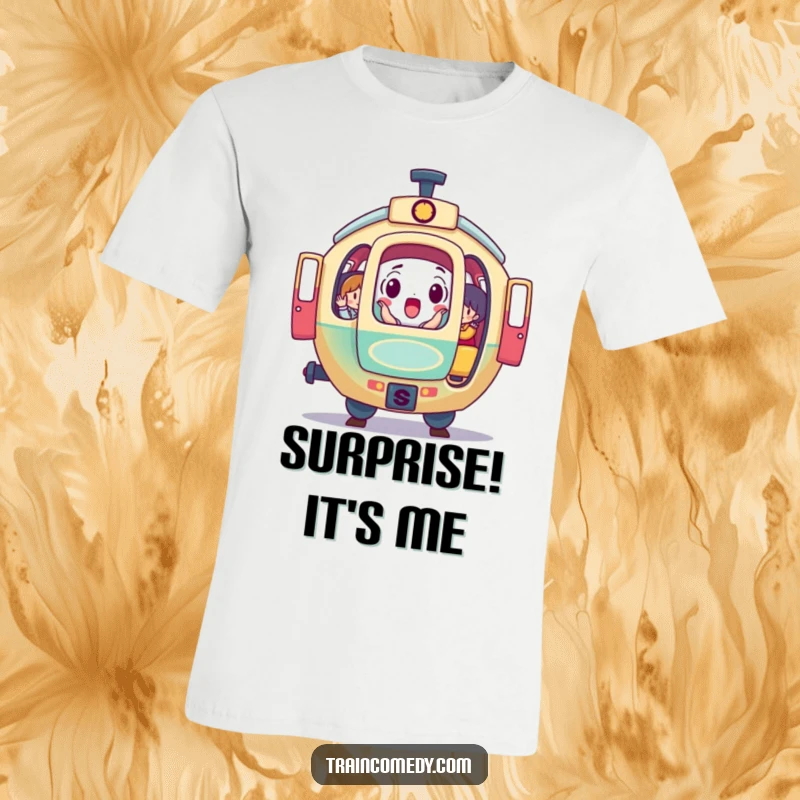 Funny t-shirt with a surprised, round train car character, doors wide open revealing colorful passengers, a humorous and eye-catching design.