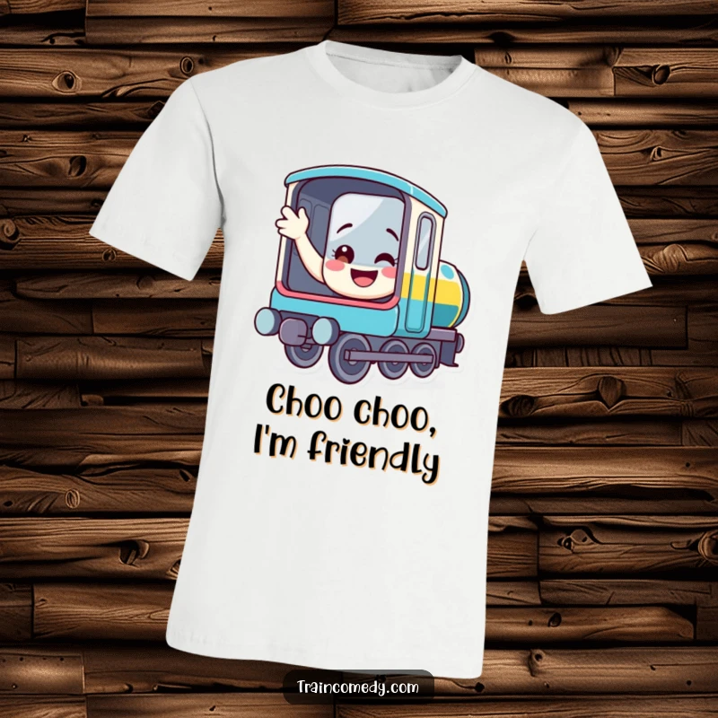 Funny train t-shirt featuring a friendly smiling locomotive waving from its window, a joyous and humorous wearable for any occasion.