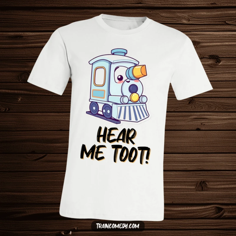 Funny kawaii train character happily tooting its horn with a huge smile, perfect for a cheerful tee.