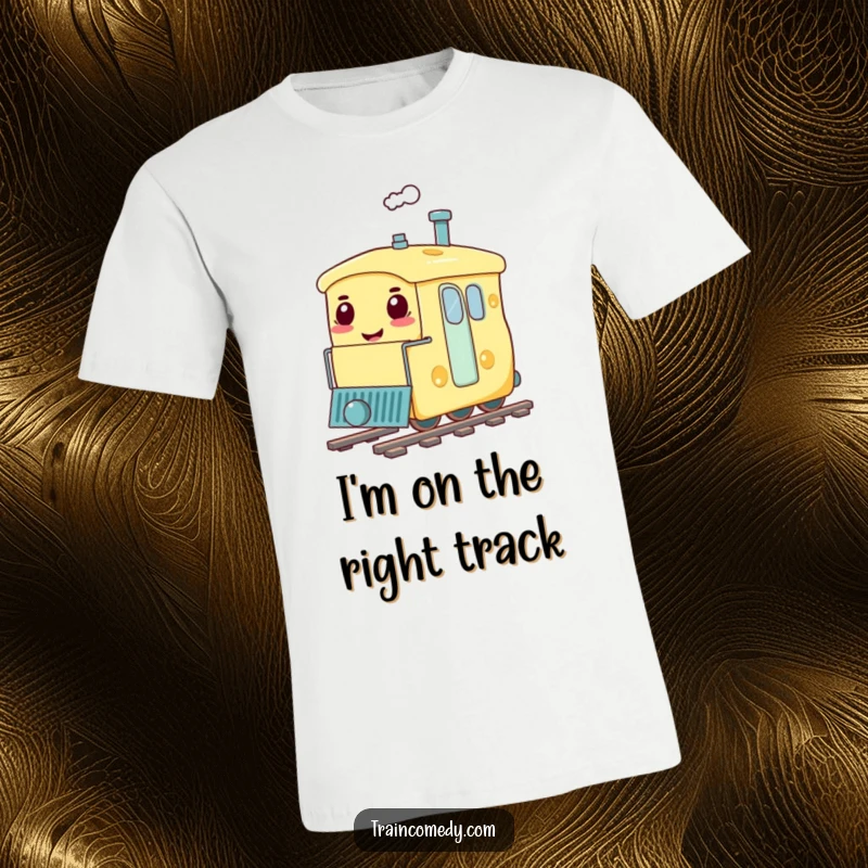 Funny t-shirt featuring a train carriage humorously shaped like a giant, smiling cheese, chugging along merrily.