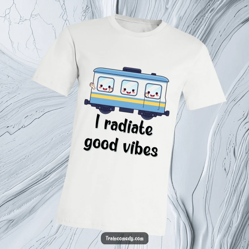 Funny T-shirt showcasing a happy, waving train car with windows designed as smiling faces, ready for an adventure.