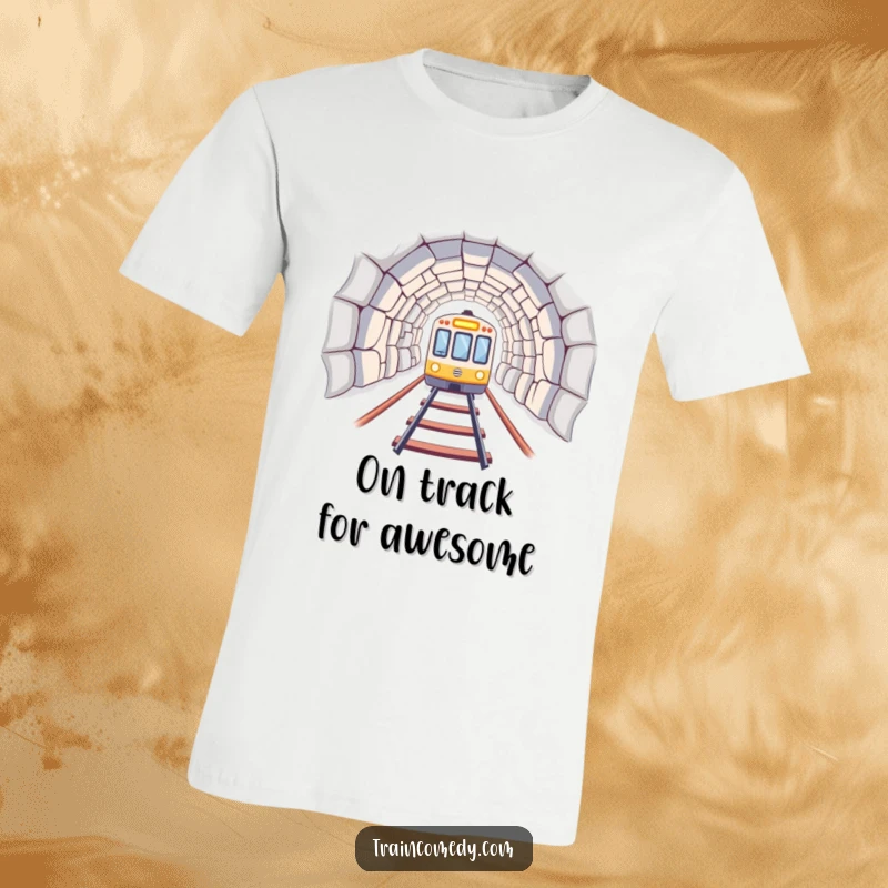 A train car emerging from a tunnel, creating a dramatic and humorous scene on a t-shirt. Excellent funny gift.