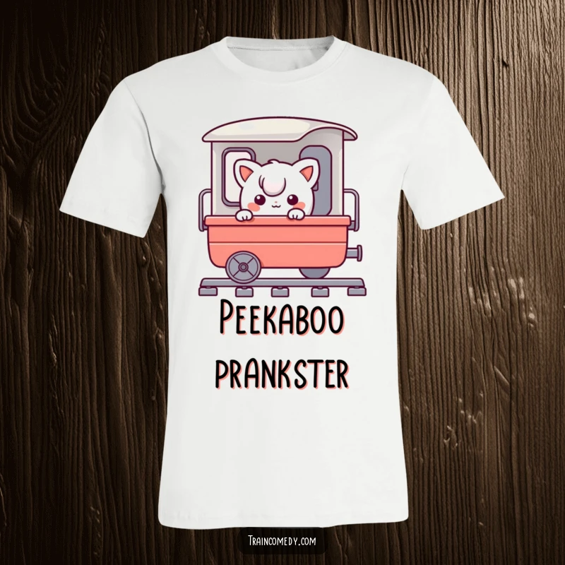 Funny t-shirt depicting a playful character comically peeking out from behind a train cart, suggesting an exciting journey and playful mischief.