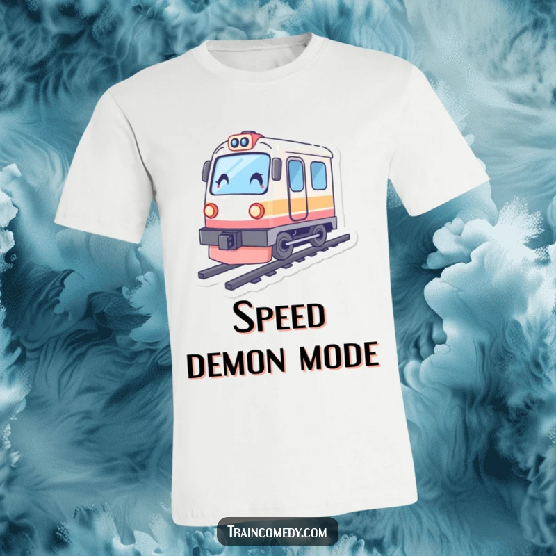 Funny train t-shirt with a character tilted forward, capturing the thrilling sensation of accelerating at high speed.