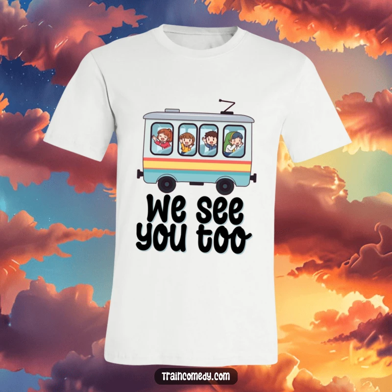Funny train t-shirt featuring a whimsical car with large windows, passengers enthusiastically waving, celebrating a joyful journey.