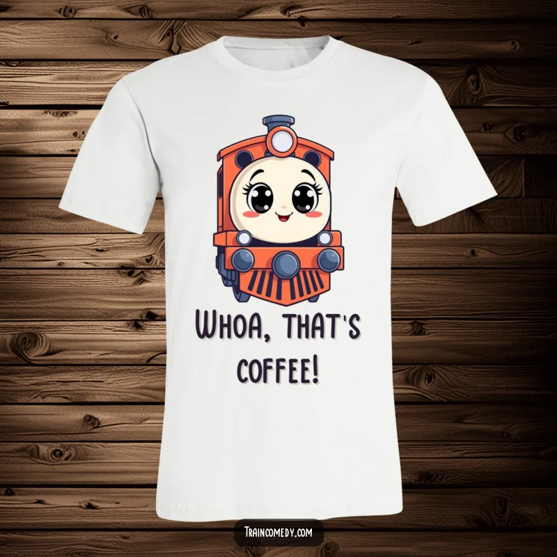 Funny t-shirt showcasing a stylized train engine with a hilariously surprised expression and wide-open eyes.