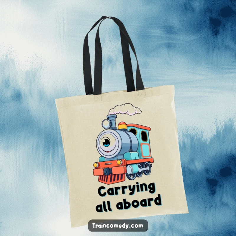 Funny Train Engine Tote Bag: A determined train engine happily puffs steam, ready to carry your items with excitement and humor.