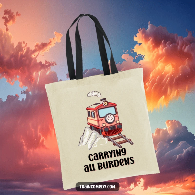 Determined train character chugging up a steep incline, featured on a motivational tote bag.