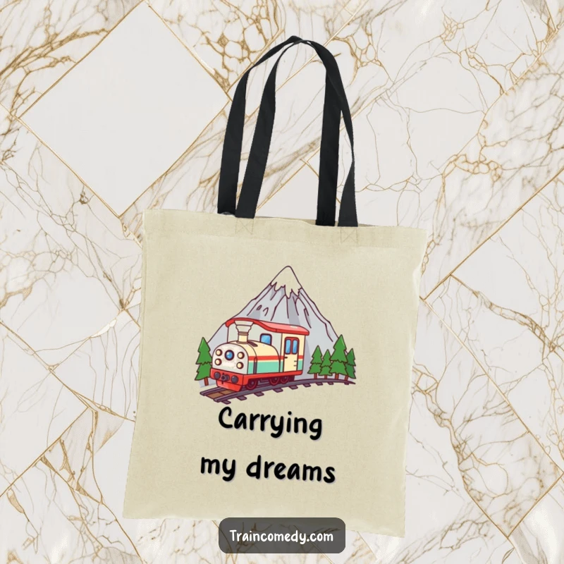 Funny kawaii train peeking from behind a mountain, illustrated on a durable tote bag for a touch of whimsical travel.