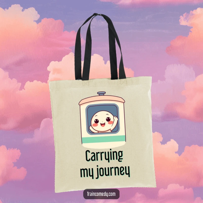 Funny, smiling character waving from a stylized train window on a durable tote bag, ideal for carrying travel essentials or daily items.