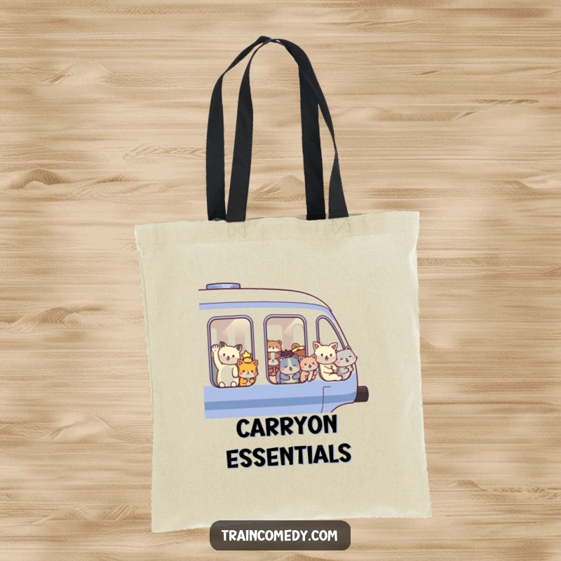 Funny tote bag with a train full of happy animals waving from windows, perfect for carrying essentials with a humorous touch. A practical and cheerful accessory.