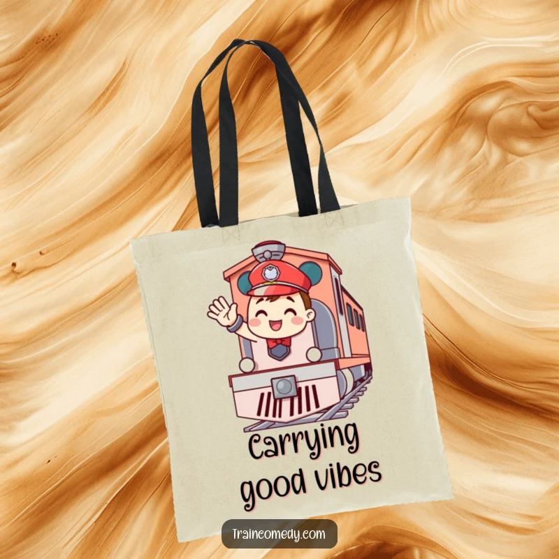 Funny tote bag depicting a cheerful train conductor enthusiastically waving from the front of a train engine, a practical and humorous accessory.
