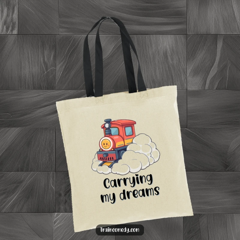 Funny tote bag showing a train character gently bumping into fluffy clouds, ideal for carrying everyday items with a soft, whimsical aesthetic.
