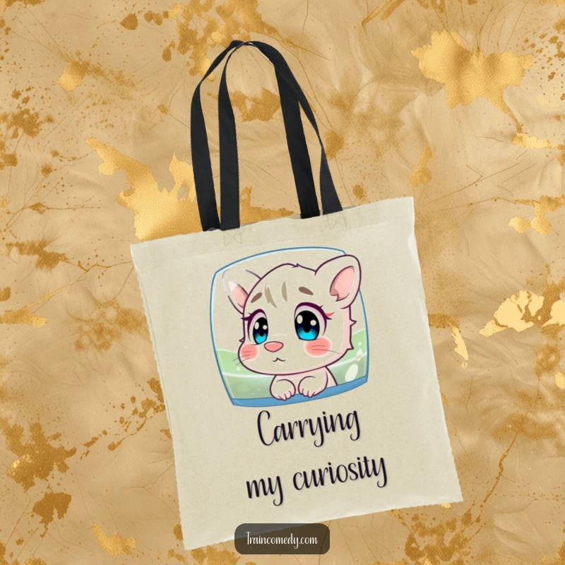 Funny tote bag illustrating a curious character with its nose pressed to glass, captivated by the scenery outside, perfect for everyday use.