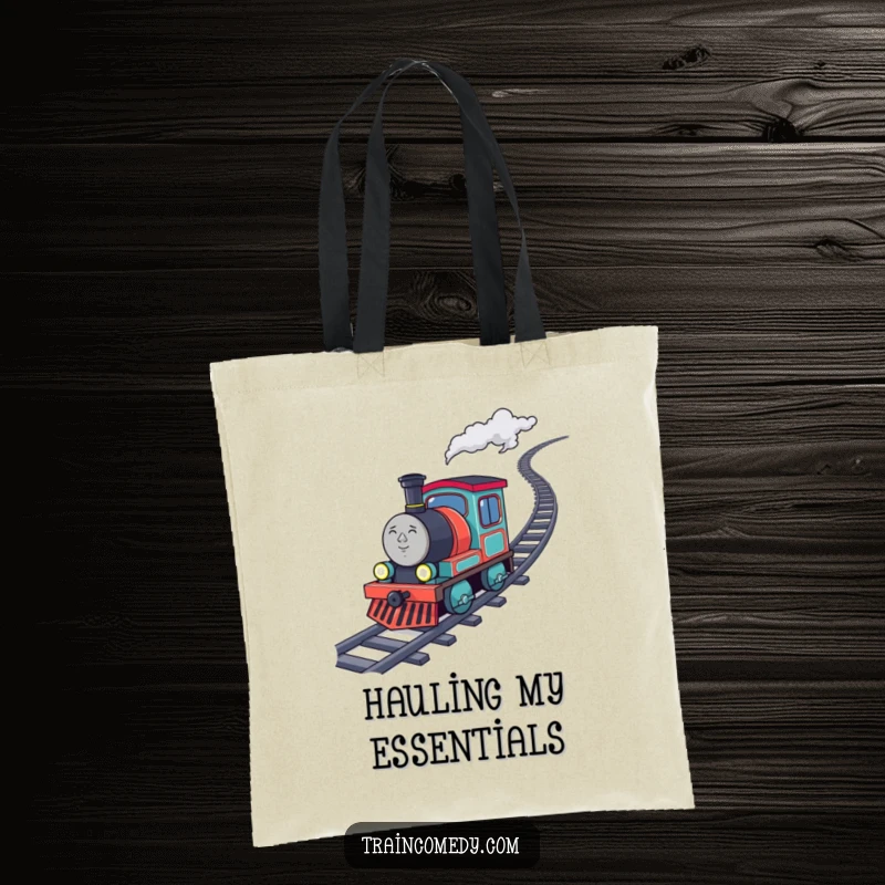 Funny determined train character chugging uphill, depicted on a practical tote bag for carrying items with inspiration.