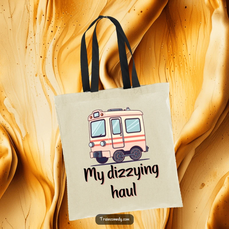 Funny tote bag featuring a dizzy train car with spinning wheels, conveying movement and humorous disorientation. Practical and amusing.