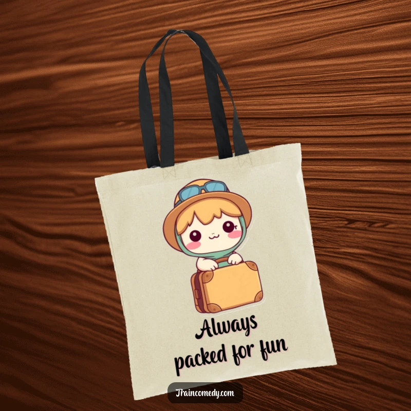 Funny Kawaii tote bag shows a happy character with a packed suitcase, ready to embark on an exciting adventure.