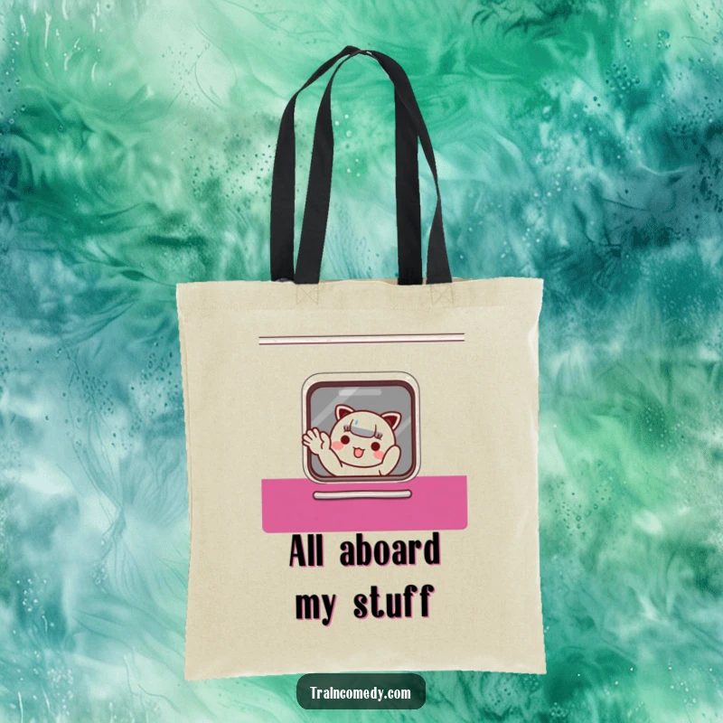 Funny Tote Bag: Cute Kawaii character waves hello from a train window; a joyful and functional funny gift.