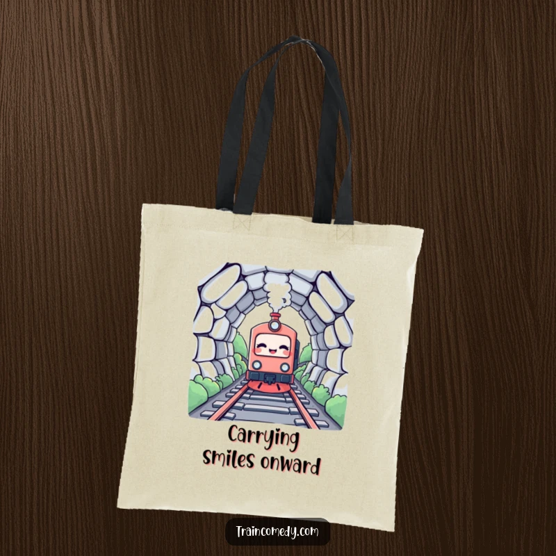 Funny Kawaii Train Tote Bag: A giggling train character enters a tunnel, a humorous and practical accessory.