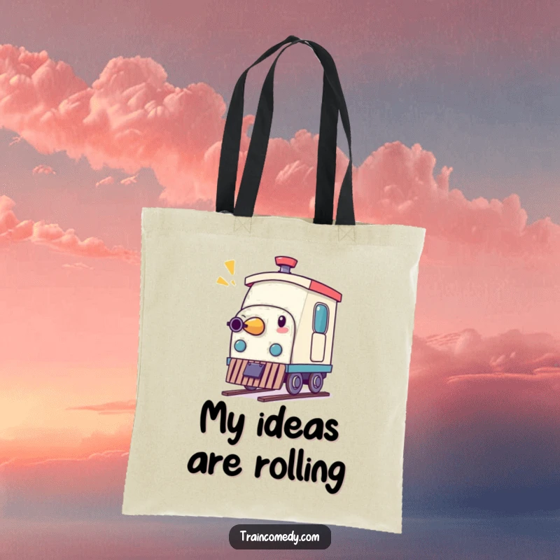 Funny tote bag showing a whimsical pencil character comically pretending to be a train whistle, ready for humorous errands.