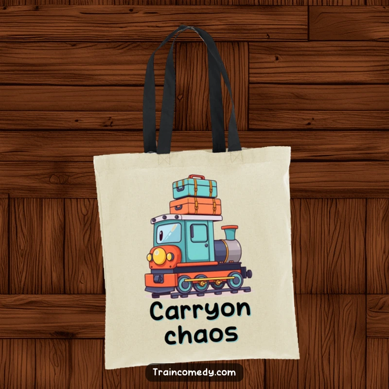 Funny tote bag depicting a playful train character precariously balancing a stack of tiny suitcases on its roof, a humorous travel accessory.