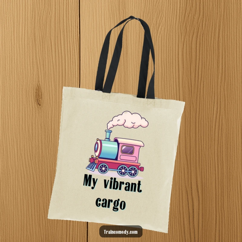 Funny tote bag featuring a train engine letting out a puff of rainbow smoke. Whimsical, practical, and bursting with color.
