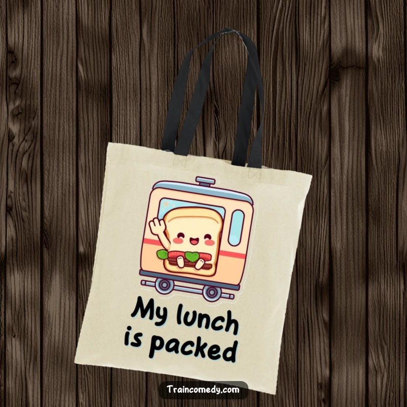 Funny tote bag showing a sandwich character in a train car, giving a happy goodbye wave, merging food and travel humor.