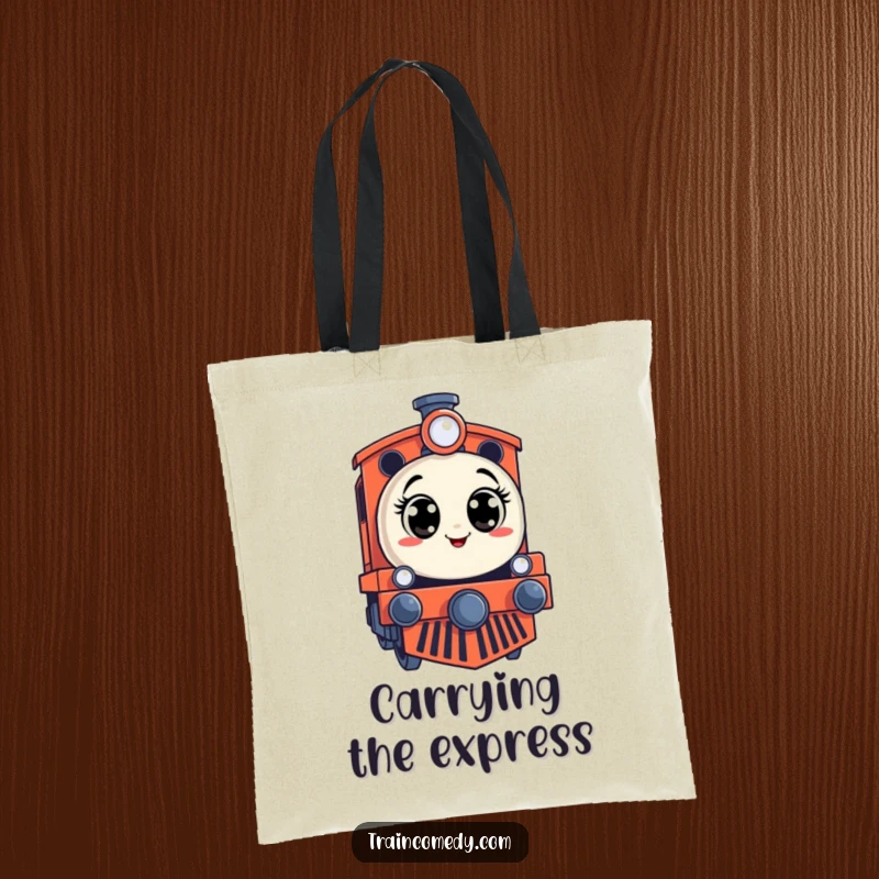 Funny tote bag depicting a stylized train engine with a comically surprised expression and wide-open eyes.