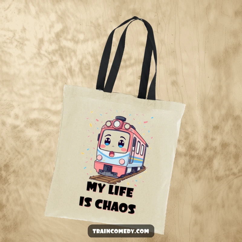 Funny train tote bag showing a surprised locomotive covered in confetti, a humorous and festive accessory for carrying daily items.