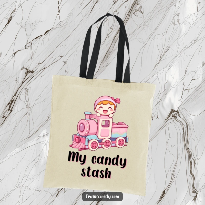 Funny tote bag with a happy character balancing on the roof of a moving train car made of colorful candy.