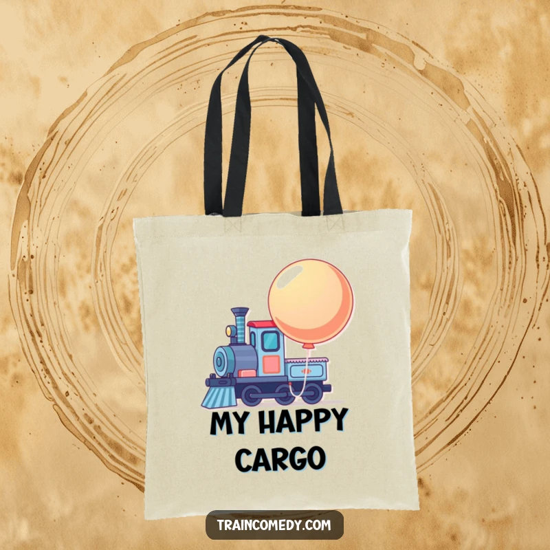 Funny train engine with a large, bouncing balloon tied to its front, printed on a durable tote bag.