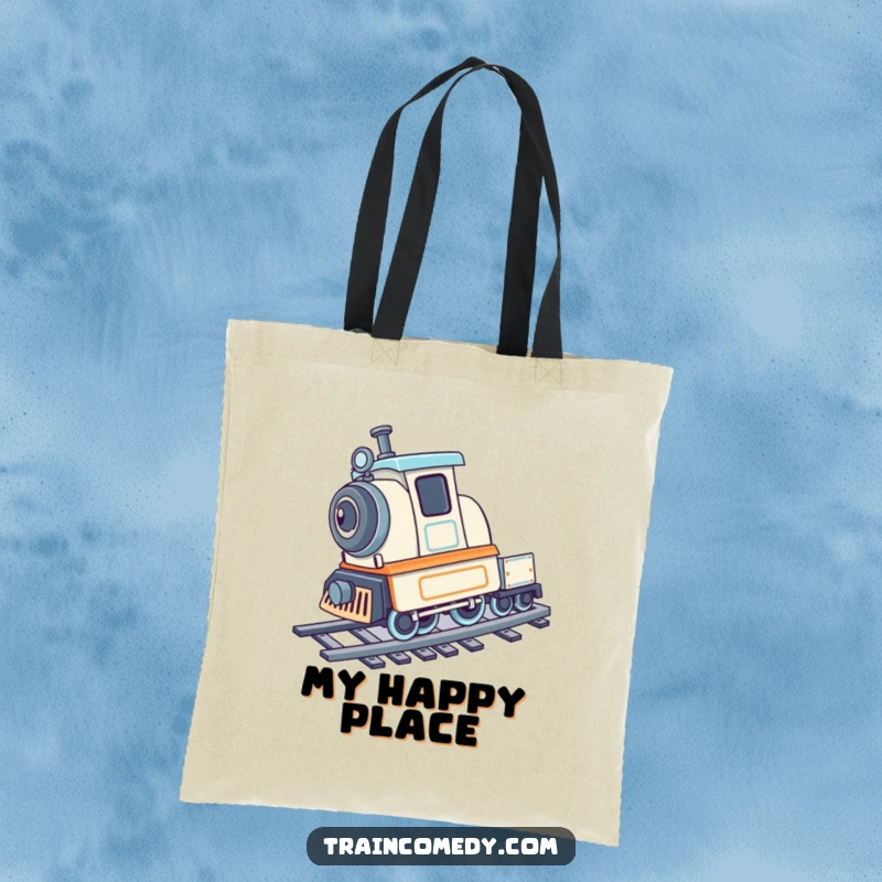Playful train character doing a cartwheel on train tracks, featured on a fun tote bag.