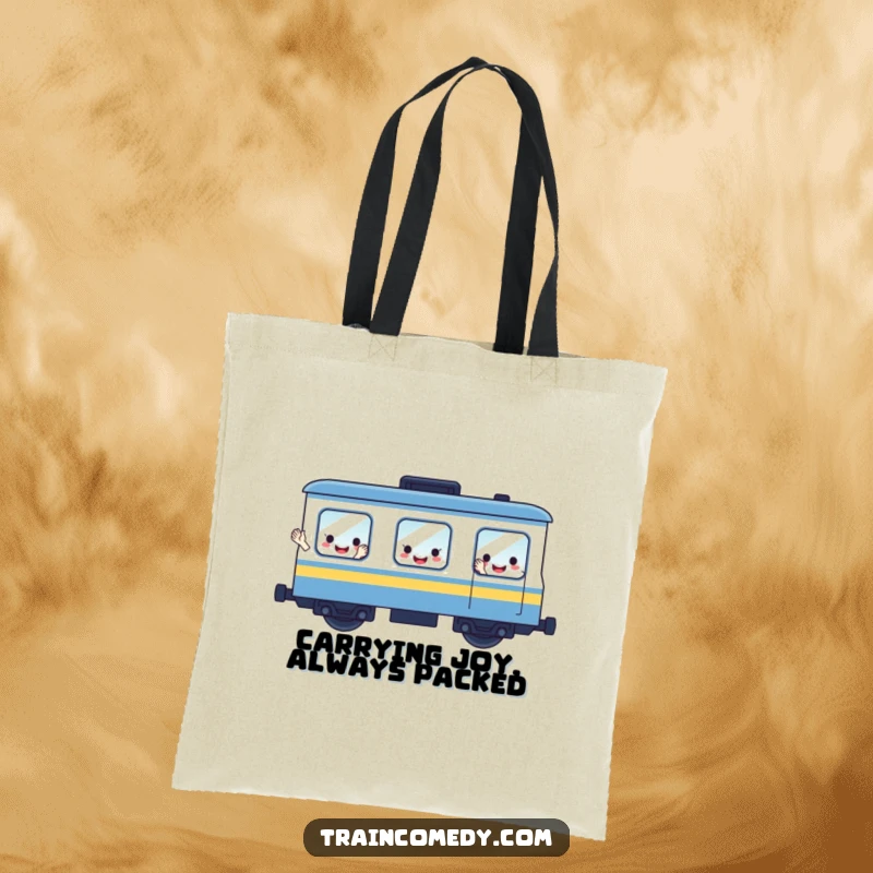 Funny tote bag with a cute train car illustration, its expressive windows resembling smiling faces that are waving, great for shopping.