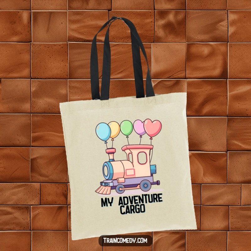 Funny tote bag featuring a whimsical train with balloons, ideal for carrying adventure gear.