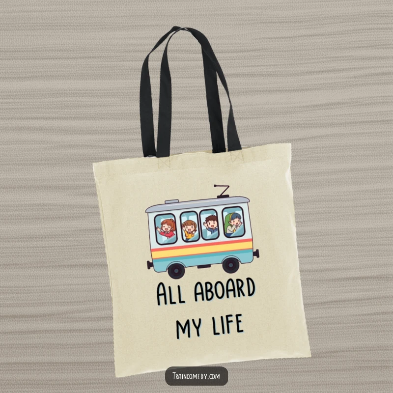 Funny train tote bag showcasing a whimsical car, oversized windows, and passengers enthusiastically waving hello, perfect for errands.