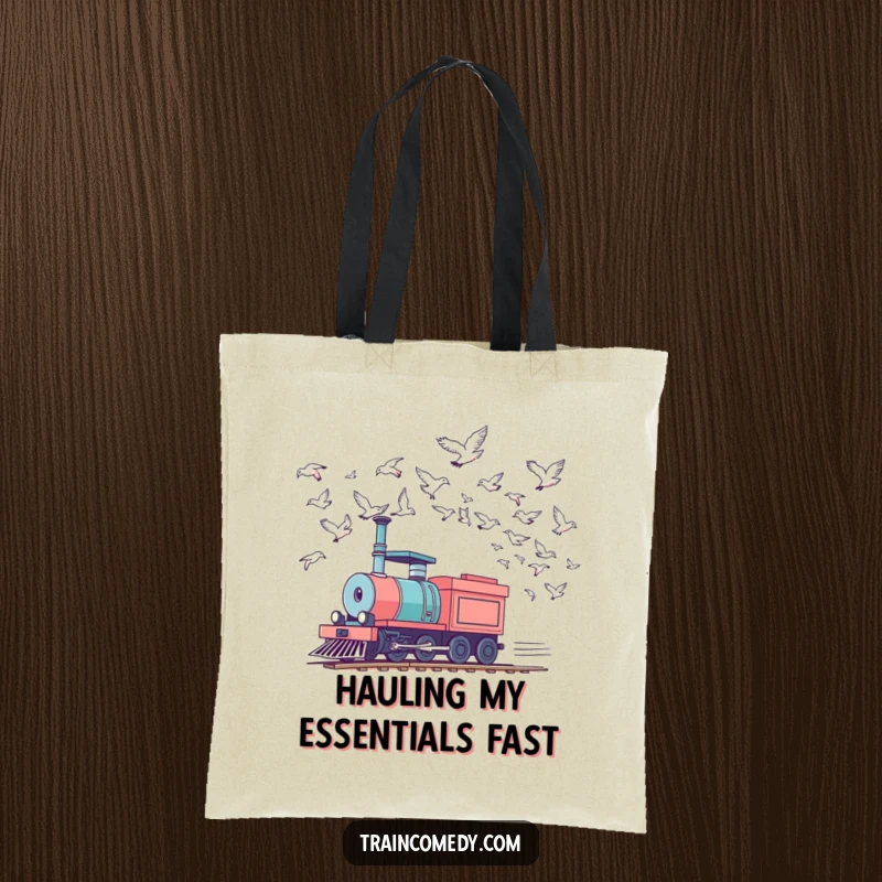 Funny train tote bag illustrating a locomotive racing birds in the sky, a humorous and spacious bag for daily essentials.
