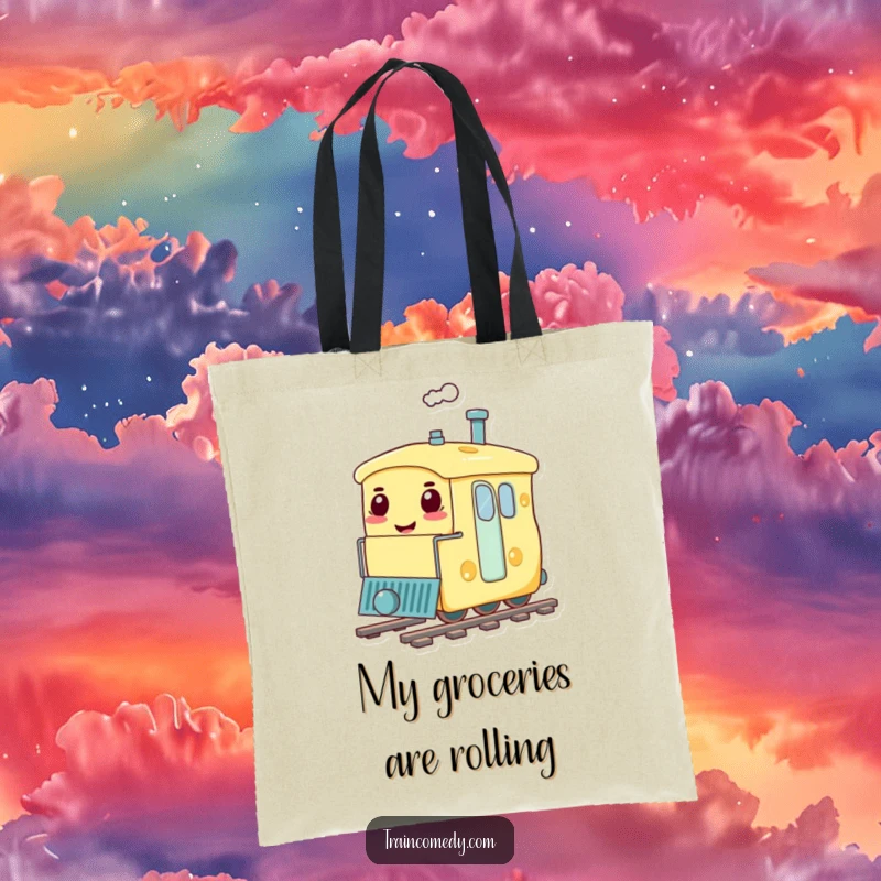 Funny tote bag showing a train carriage humorously designed as a giant, smiling cheese, ready for whimsical errands.