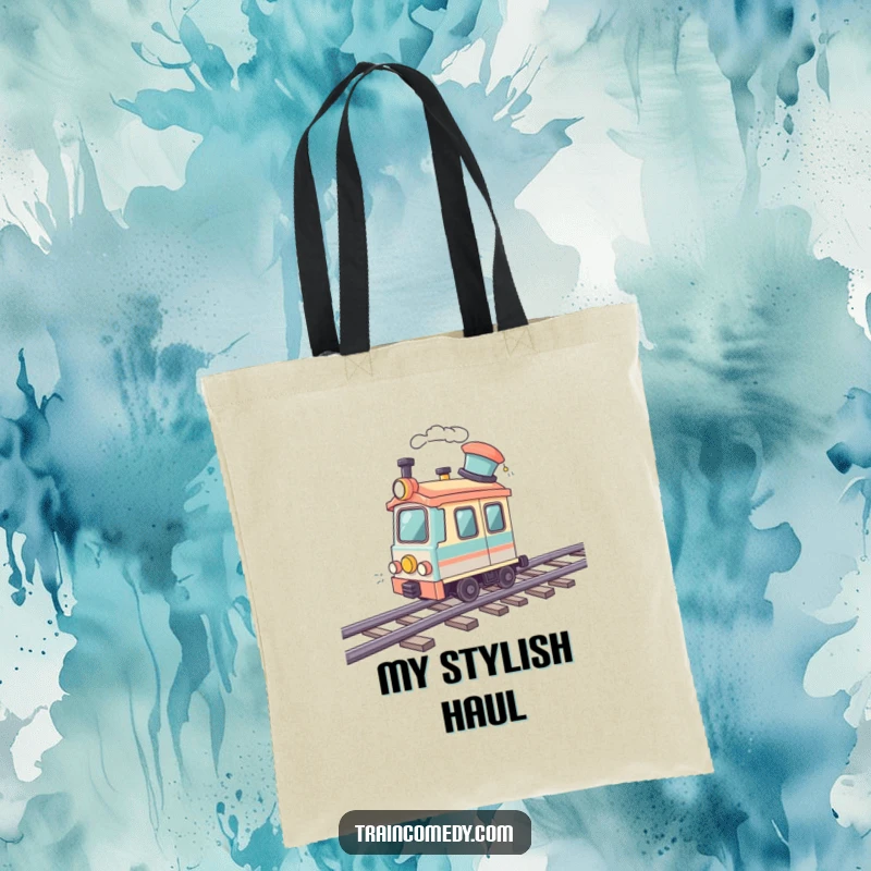 Funny tote bag displaying a train car with a jaunty hat speeding along a wavy track. Practical and charming for daily use.